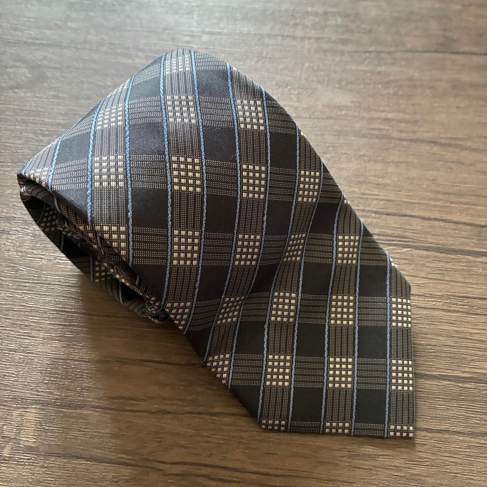BOSS Hugo Boss Plaid Stripe Silk Tie OS Black Blue Mens Made in Italy